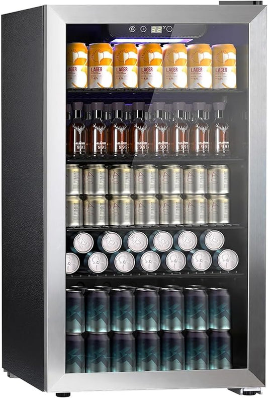 Kndko Beverage Refrigerator Cooler - 130 Can Mini Fridge with Adjustable Shelves, Glass Door, Digital Temperature Control, LED Lighting, Energy Efficient for Home, Office, Bar - 3.2 Cu.Ft, Silver-DeskLoop Office