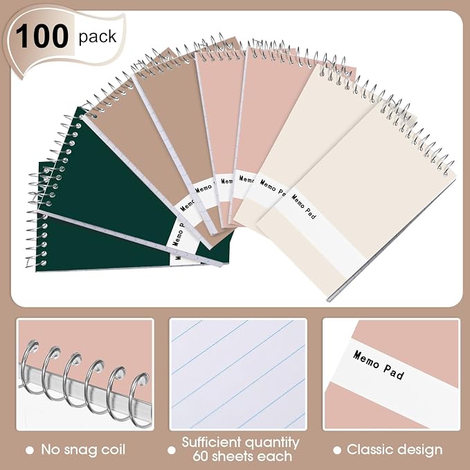 Thenshop 100 Pads Spiral Memo Pads Bulk 3 x 5 Inch Small Pocket Notepad Top - Image 3