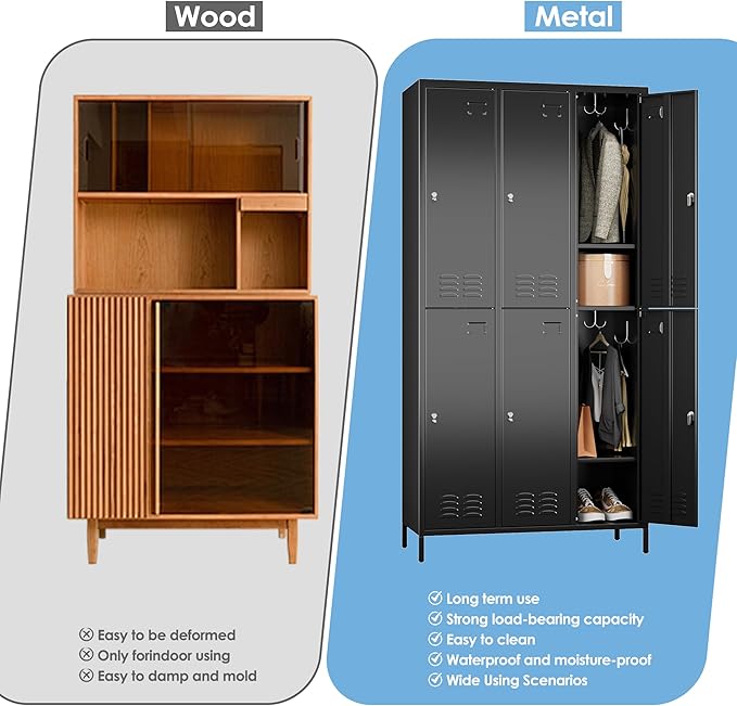 6 Doors Metal Locker for Employees with 18 Hooks and Business Card Holder,Metal Locker with Ventilation Holes for School Garage Office Gym Home,Assembly Required,Black-DeskLoop Office