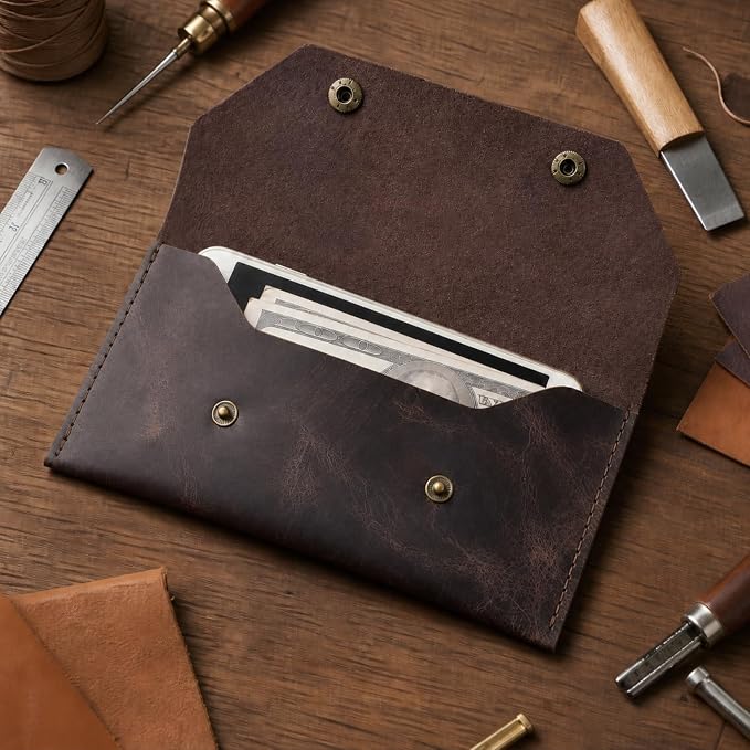 Genuine Leather Cash Envelope Wallet, Two Snap Money Pouch - Image 4