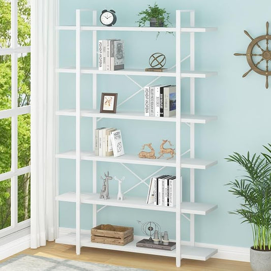 HSH 6 Tier Tall White Bookshelf, Industrial Modern Vertical Metal and Wood White Bookcases 6 Shelf,Farmhouse Open Large Storage Book Shelves & Display Book Shelf for Bedroom Living Room Office-DeskLoop Office