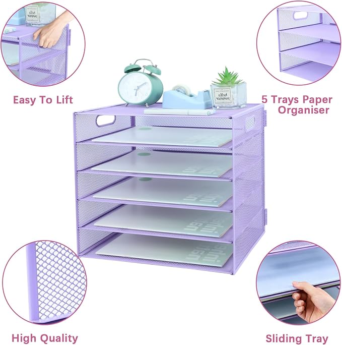 5 Tier Lettrer Tray Organizer, Metal Mesh Desk File Organizer - Image 3