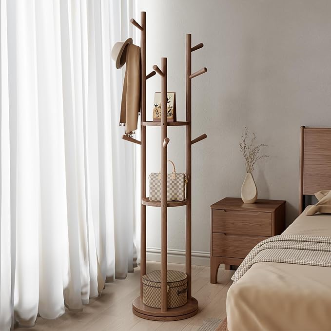 Solid Wood Rotary Coat Rack, Freestanding Coat Rack with 3 Shelves and 9 Hooks, Coat tree for Bedroom, Entryway, Livingroom, Coat Hanger Stand for Coats, Scarves, Handbags (Walnut)-DeskLoop Office