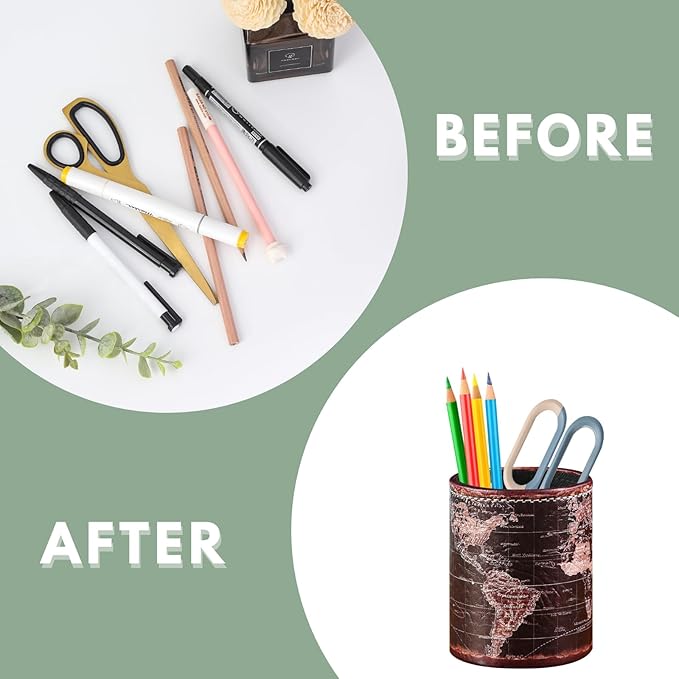 Black World Map Pencil Holder for Desk, PU leather Pencil Cup, Globe Pen Holder for Desk Office Supply Organizer PH46-DeskLoop Office