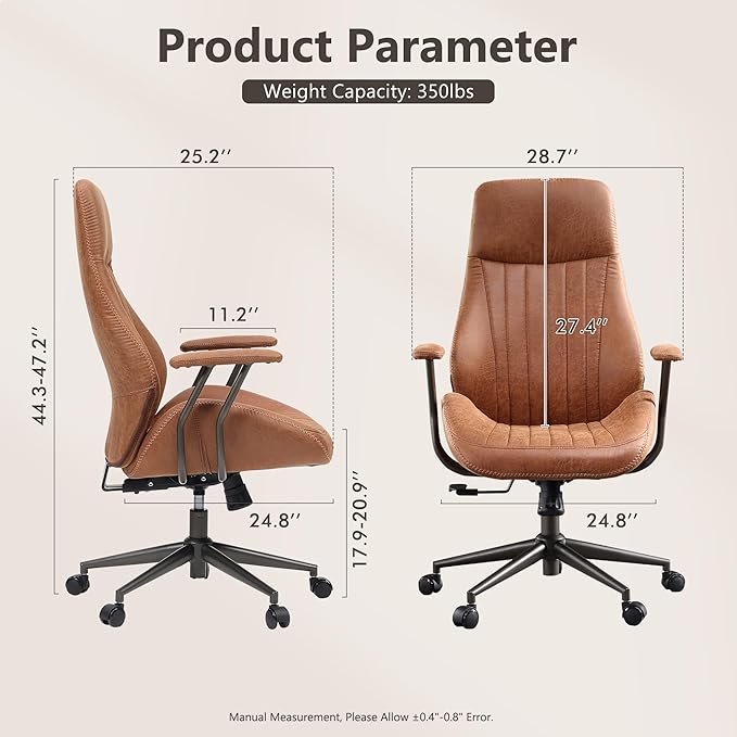 Mid Century Modren Office Chair - High Back Swivel Executive Chair with Lumbar Support,Ergonomic Computer Desk Chair with Wheels,Faux Lether Suede Task Chair,350lbs (Brown, High Back)-DeskLoop Office