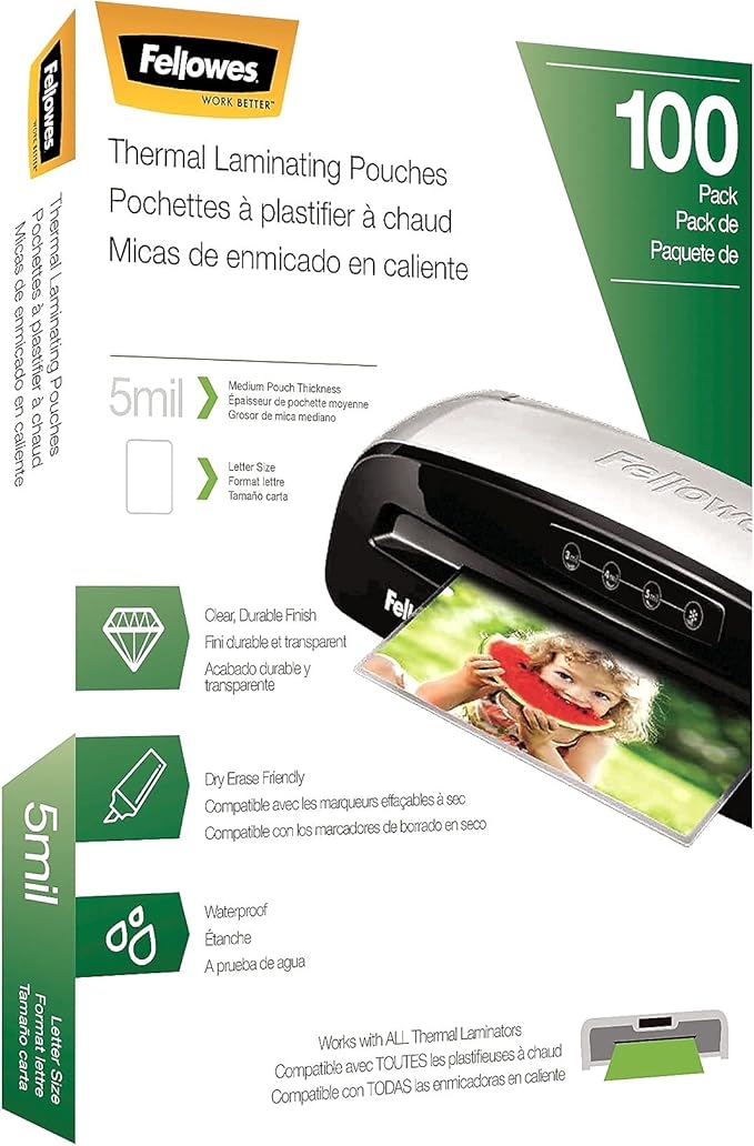 Fellowes Thermal Laminating Pouches, 5mil Letter Size Sheets, 9 x 11.5, 100 Pack, Clear (5743501)-DeskLoop Office