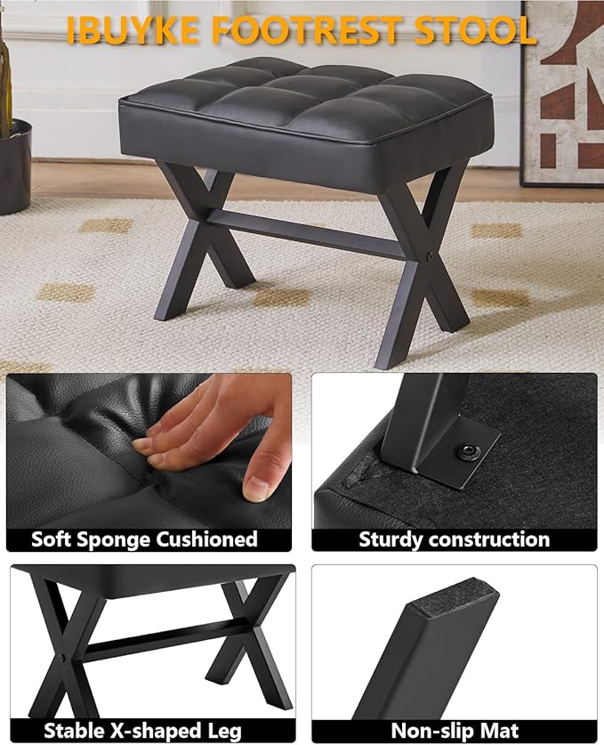 IBUYKE Small 12" H Footrest Stool, Square PU Foot Stool with Metal X-Leg, Multi-Use as Small Side Table, Step Stool for Living Room, Bedroom, Entryway, Office, Black WBD012B-DeskLoop Office