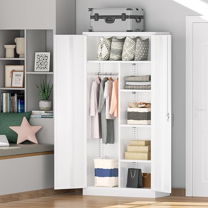 Greenvelly Metal Storage Wardrobe Cabinet with Lock, 72" White Metal Wardrobe Closet for Hanging Clothes with Doors and Shelves, Modern Clothes Closet for Home, Office and Bedroom, School,Gym-DeskLoop Office