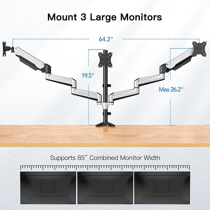 HUANUO Triple Monitor Stand - Full Motion Articulating Gas Spring Monitor Mount Fit Three 17 to 32 inch Flat/Curved LCD Computer Screens with Clamp, Grommet Kit, Silver-DeskLoop Office