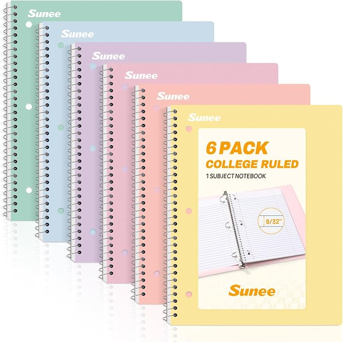 SUNEE Spiral Notebooks, 6 Pack, College Ruled Paper, 70 Sheets per Notebook by SUNEE