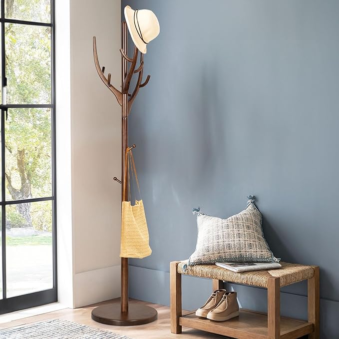 Wood Coat Rack, Coat Tree Freestanding Wooden Coat Rack Stand with 12 Hooks, Heavy Duty Hall Tree Coat Hat Stand with Sturdy Base, Free Standing Coat Racks for Entryway, Bedroom, Brown-DeskLoop Office