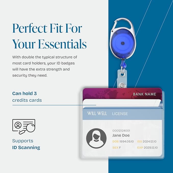 2 Pack ID Badge Holder with Clip – Transparent Blue Badge Reels with ID Sleeves - Image 3
