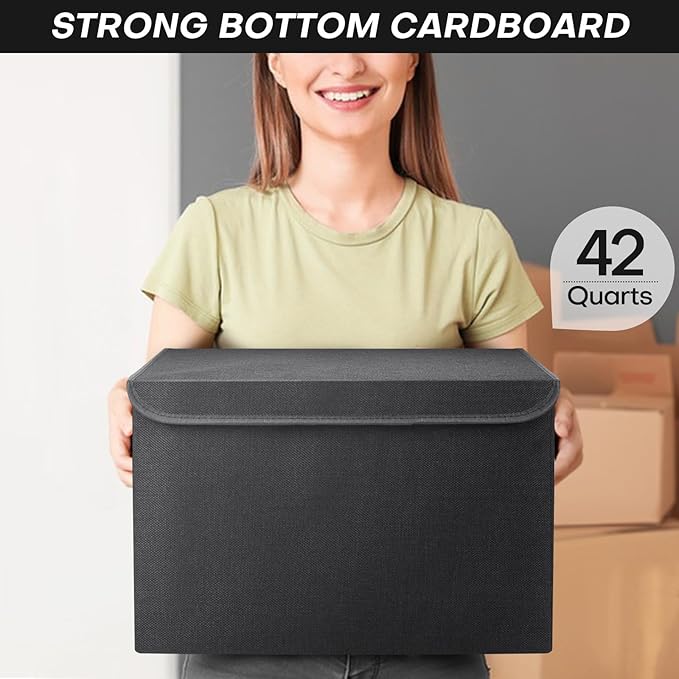 Large 17" 42 Quarts Collapsible Stackable Storage Bins with Lids [3-Pack] Foldable Fabric Linen Storage Boxes Cube, Closet Organizer Baskets with Label (16.7 x 12 x 12", Black)-DeskLoop Office