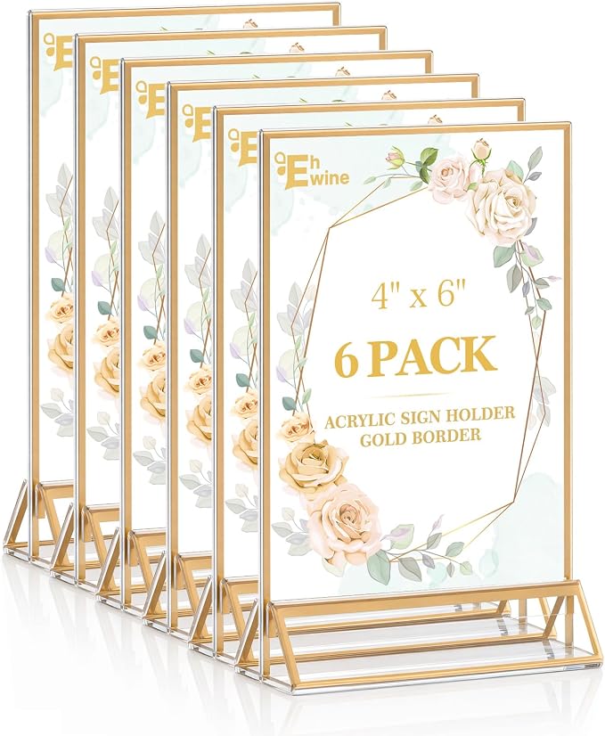 EHWINE 6 Pack Acrylic Sign Holder 4 x 6, Double Sided Gold Picture Frame Stand by EHWINE