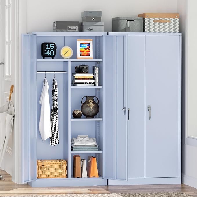 Greenvelly Metal Storage Wardrobe Cabinet with Lock, 72" Dark Grey Metal Wardrobe Closet for Hanging Clothes with Doors and Shelves, Modern Clothes Closet for Home, Office and Bedroom, School,Gym-DeskLoop Office