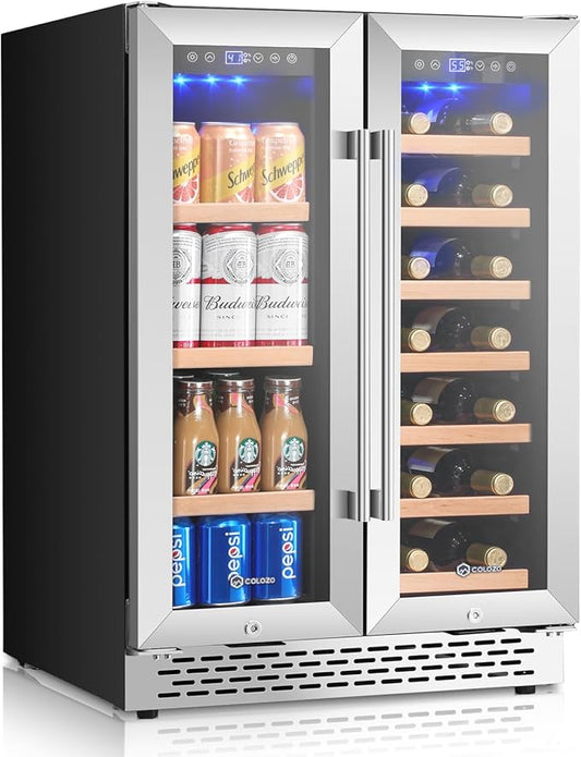 24 Inch Wine and Beverage Refrigerator Under Counter, Dual Zone 20 Bottles & 88 Cans Beverage Fridge with Stainless Steel Tempered Glass Door, Built-in/Freestanding Mini Fridge for Office/Bar/Kitchen-DeskLoop Office
