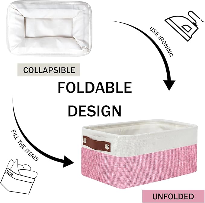 DULLEMELO Small Storage Baskets 6 Pack, Fabric Collapsible Gift Storage Baskets for Shelves, Closets, Nursery, Home, Office Organizing,Small Canvas Linen Rectangular Storage Bins (6-Pack, White&Pink)-DeskLoop Office