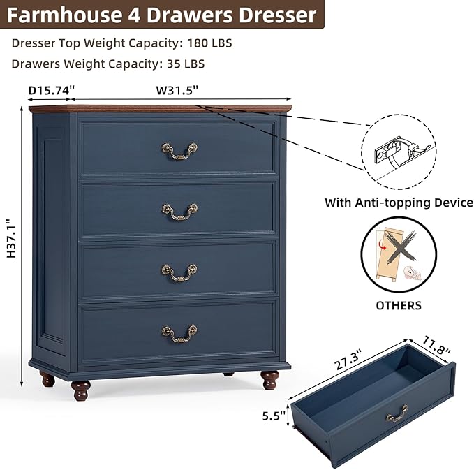Farmhouse 4 Drawer Dresser Set of 2 for Bedroom, 37" Tall Rustic Chests of Drawers w/ 4 Solid Wood Feet, Mid Century Vintage Wooden Closet Storage Dressers Organizer for Living Room, Navy Blue-DeskLoop Office