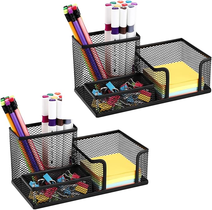 2 Pieces Pen Holder for Desk Mesh Metal Pencil Holders Pen Cup Marker Holder Desk Caddy with Sticky Notes Holder Pen Organizer for Office Supplies Workspace School Home Black-DeskLoop Office