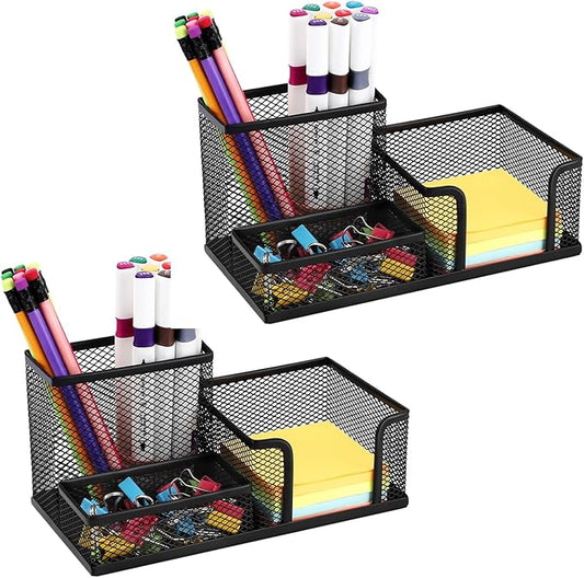 2 Pieces Pen Holder for Desk Mesh Metal Pencil Holders Pen Cup Marker Holder Desk Caddy with Sticky Notes Holder Pen Organizer for Office Supplies Workspace School Home Black-DeskLoop Office
