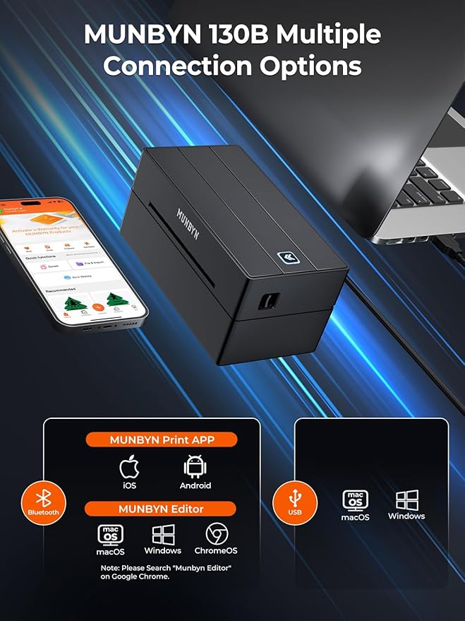 MUNBYN Bluetooth Thermal Label Printer, 130B Wireless 4x6 Shipping Label Printer for Shipping Packages Small Business Office or Home, Compatible with iPhone Android iPad Windows macOS Chrome Etsy eBay-DeskLoop Office