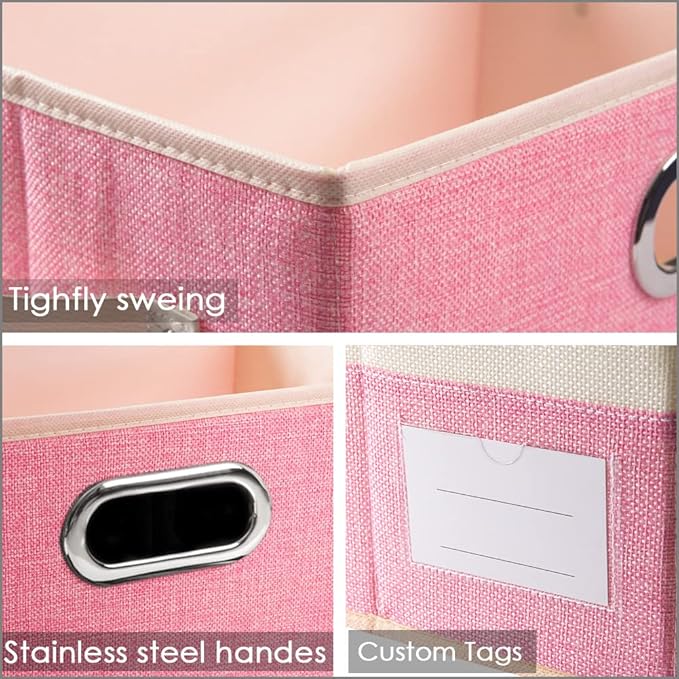 PRANDOM Collapsible Storage Bin with Lid [3-Pack] Fabric Foldable Storage Box Organizer Container Basket Cube with Cover for Home Bedroom Closet Office Nursery Pink&Cream(14.9x9.8x9.8)-DeskLoop Office