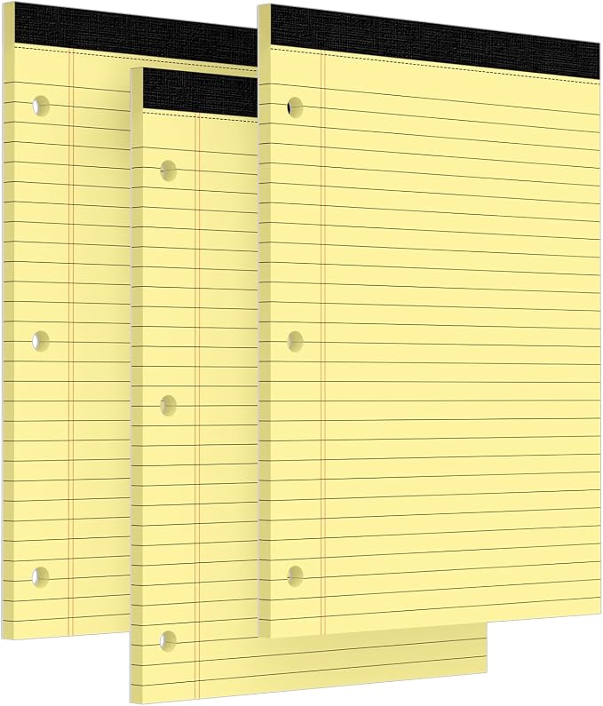 3 Hole Legal Pad 8.5 x 11, 3 Pack Yellow Note Pads, Notebook Paper Wide Ruled by Glyanlee