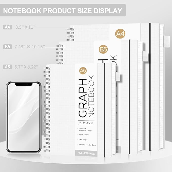 AHGXG Graph Paper Notebook - Spiral Notebook Journal 160 Pages, A5 Graph Notebook 5.7" x 8.3", 100 gsm Thick Grid Paper, Waterproof Plastic Cover, for School Writing Engineering Math, Transparent-DeskLoop Office