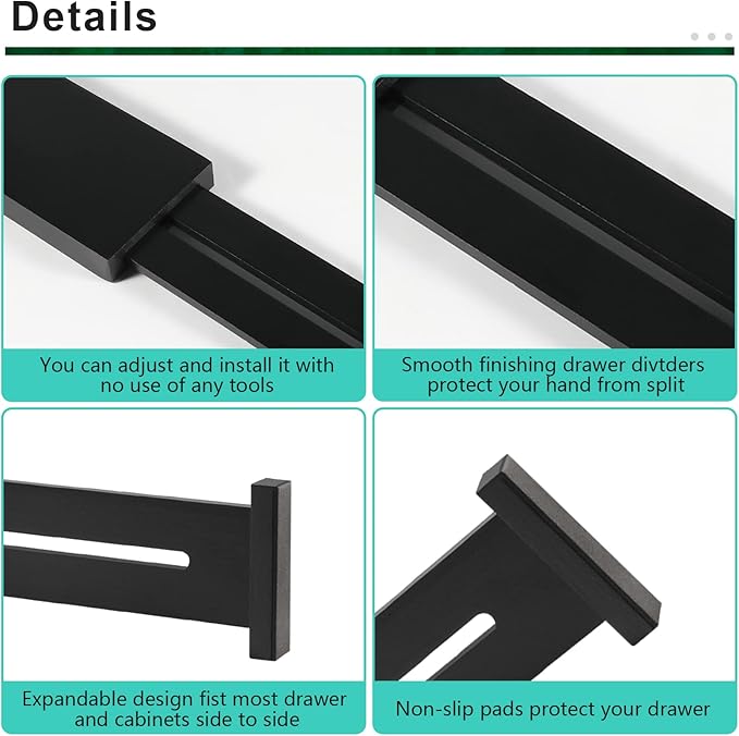 FJO 4 Pack Adjustable Bamboo Drawer Dividers - 11.8" - 17" Expandable Drawer Separators for Kitchen, Utensils, Clothes, Bedroom, Dresser, Bathroom (Black)-DeskLoop Office