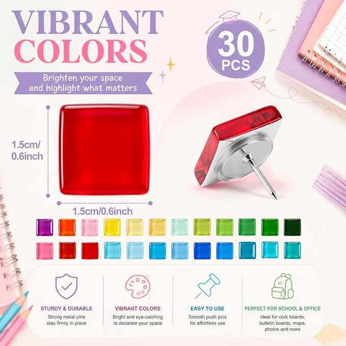 Epakh 30 Pcs Glass Square Thumb Tacks Decorative Push Pins Glass Square Push - Image 2