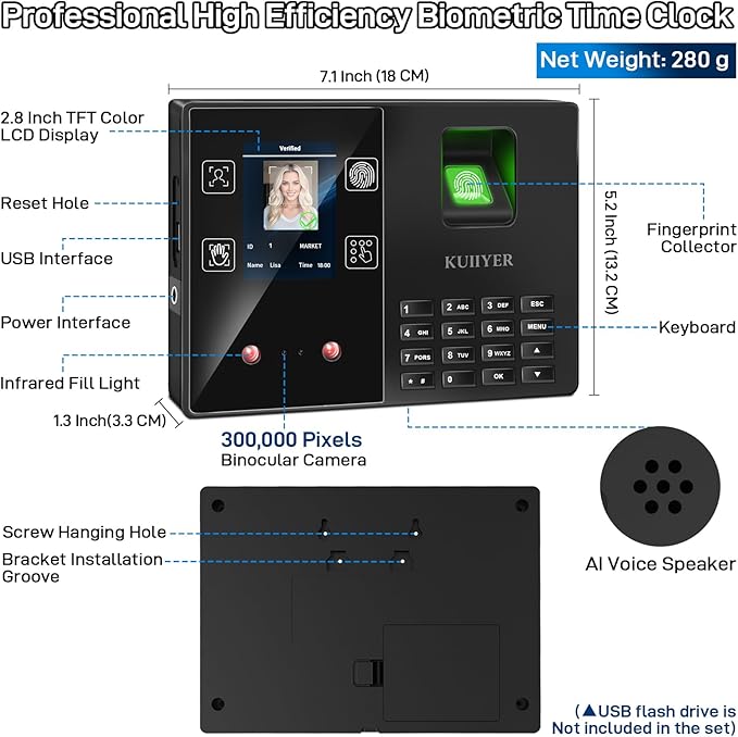 KUIIYER 4 in 1 Employee Time Clocks for Small Business (Face + Fingerprint + Palm Print + PIN) Employee Clock in & Out Machine Attendance Punch Clock-DeskLoop Office