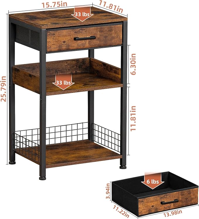 Lerliuo End Table with Fabric Drawer, 3 Tier Industrial Wood Side Table with - Image 3