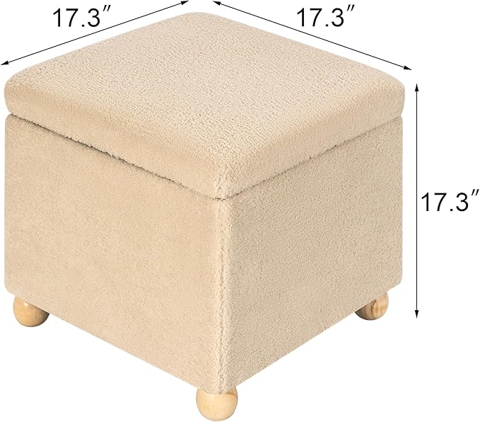 Adeco 17 Inch Soft Oatmeal Cube Ottoman Storage, Teddy Velvet Chair Foot Stools, Upholstered Vanity Stool with Hinged Lid, Solid Round Wood Legs-DeskLoop Office