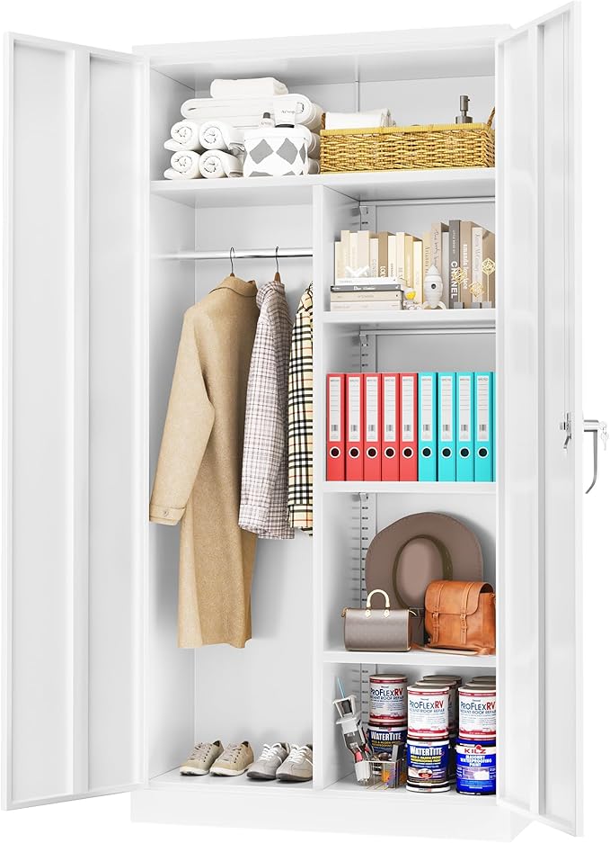 Greenvelly Metal Storage Cabinet Locker with Locking Doors,72" Metal Wardrobe Cabinet, Steel Storage Wardrobe with Hanging for Home Office, Garage, School, Gym（White 36" ×18"）-DeskLoop Office