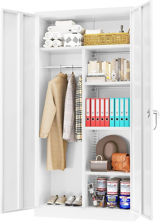 Greenvelly Metal Storage Cabinet Locker with Locking Doors,72" Metal Wardrobe Cabinet, Steel Storage Wardrobe with Hanging for Home Office, Garage, School, Gym（White 36" ×18"）-DeskLoop Office