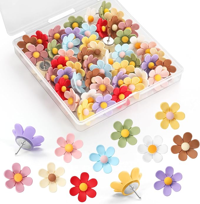 50Pcs Flower Push Pins, 10 Colors Cute Thumb Tacks, Decorative Push Pins by GOOLADA