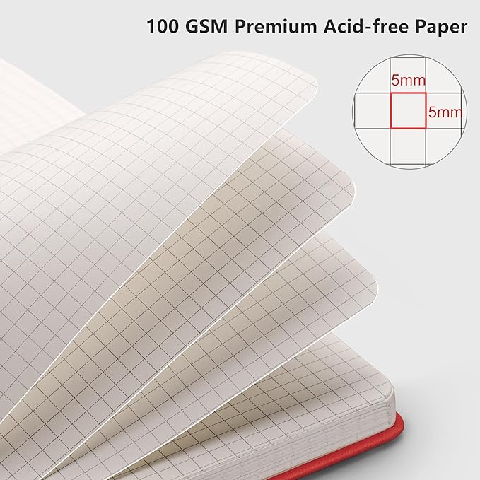 RETTACY Graph Grid Paper Notebook, 192 Pages, A5 Medium Size (5.7'' x 8.3''), 5 Squares per Inch, Leather Hardcover, 100 GSM Thick Paper, for School, Students, Math, Engineering (Red)-DeskLoop Office