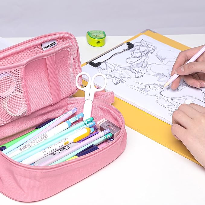Pencil Case Pouch Box Bag School Supplies Girls Boys Kids, Cute Preppy Stuff Large Big Capacity Aesthetic Pen Organizer, Back to College Stationary, Rosy Pink, Heavy Duty Canvas, 1800ml-DeskLoop Office