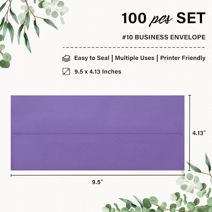100 Pack #10 Business Envelopes, Self Seal Standard Purple Envelopes - Image 2