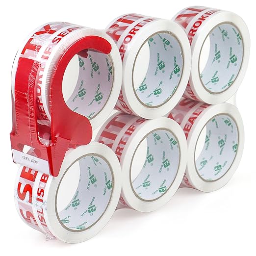BOMEI PACK Security Seal Tape, Please Report if Seal is Broken Printing Packing Tape with Dispenser, 2.4mil 2inch x 60yds, 6Rolls Heavy Duty Fragile Tape Refills for Shipping, Moving and Sealing-DeskLoop Office