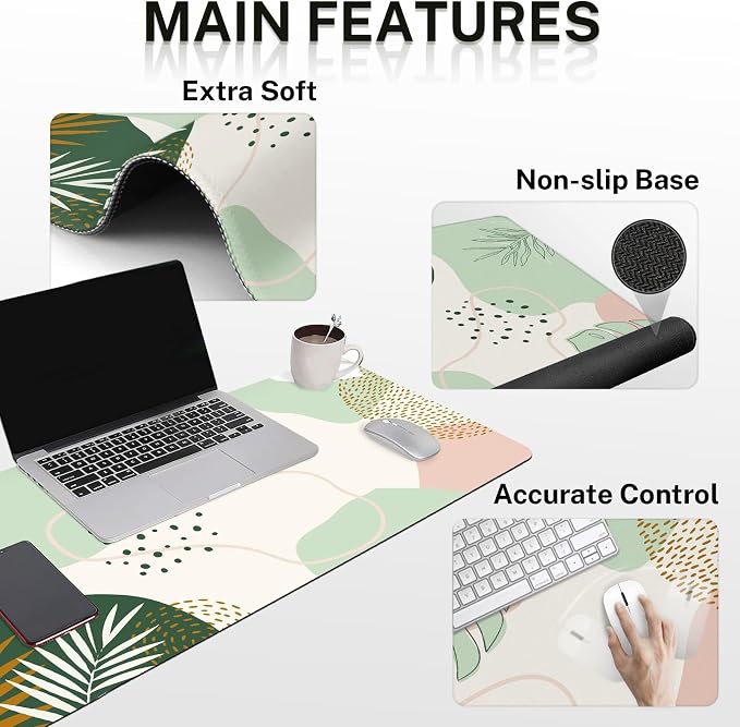 Britimes Green Boho Leaves Keyboard Mouse Pad Set 4in1 Large Mousepad+Keyboard - Image 3