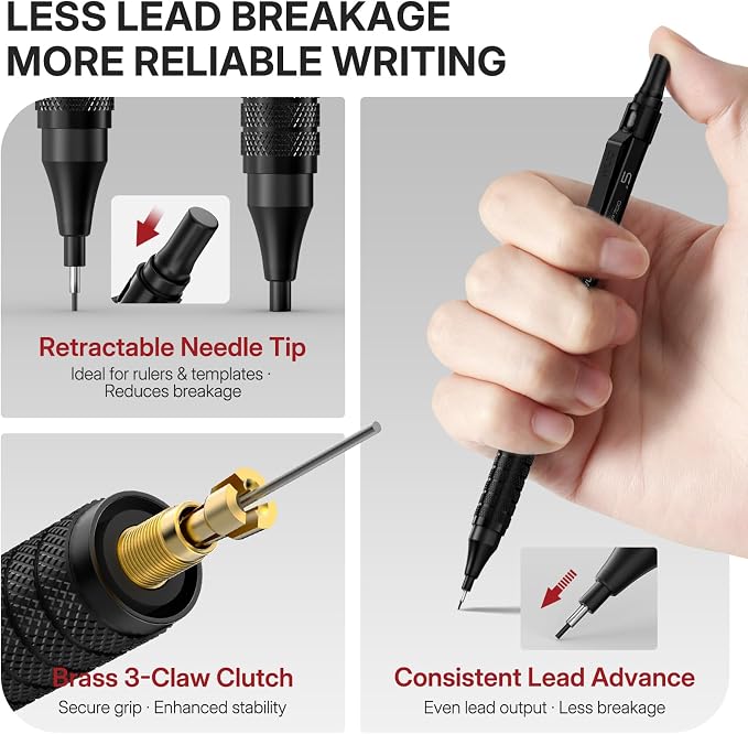WUO 0.5mm Mechanical Pencil Set, 3 Black Metal Drafting Pencils - Image 3