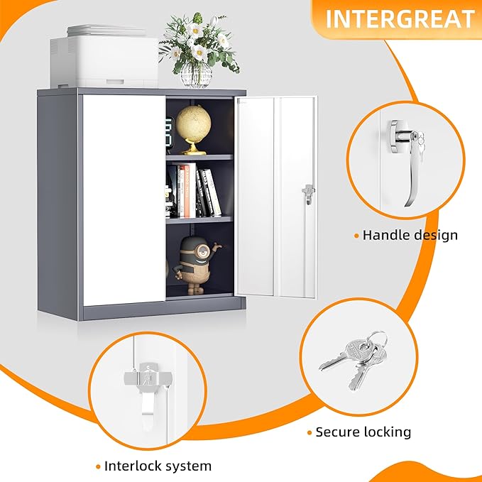 INTERGREAT Metal Cabinet with Lock, Lockable Metal Storage Cabinets with Doors and Shelves for Garage, Grey White Locking Garage Storage Cabinets 36"×32"×16"-DeskLoop Office
