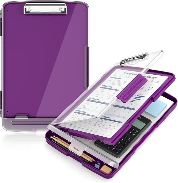 Clipboard with Storage and Pen Holder, Deep Purple 8.5 x 11'' Folder Side Open by ORGANIZEEASYWORKSTEADY