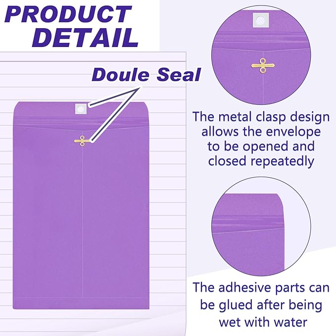 Geyee 100 Pcs Clasp Manilla Envelopes 10 x 13 Inch Gummed Colored Envelopes for Storing or Mailing for Home Office Business Supplies(Purple)