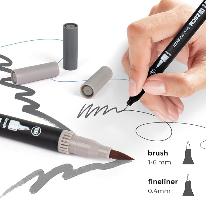 ZSCM Gray Duo Tip Marker Pens, 12 Pack Fine & Brush Markers - Image 2