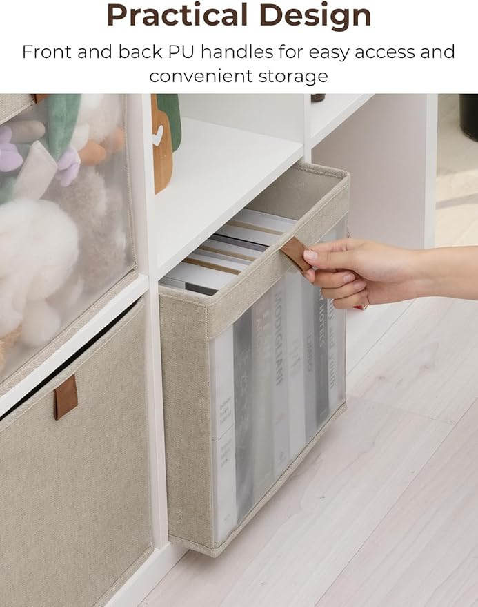 StorageWorks 11x11 Storage Cubes, Closet Storage Bins with Clear Window, Fabric Organizer for Clothes, Collapsible Storage Baskets with PU Handles, Brown and Beige, 3-Pack-DeskLoop Office