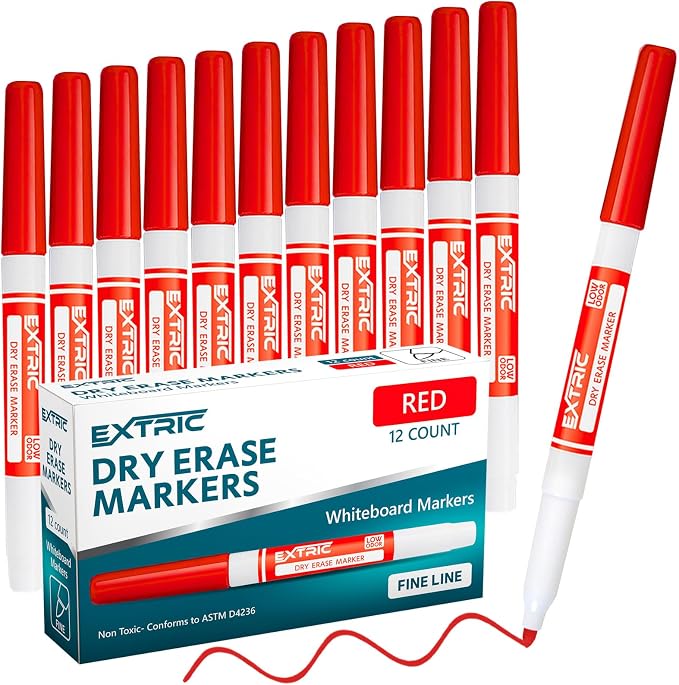 EXTRIC Red Dry Erase Markers Fine Tip 12 PK Whiteboard Markers | Use: School by EXTRIC