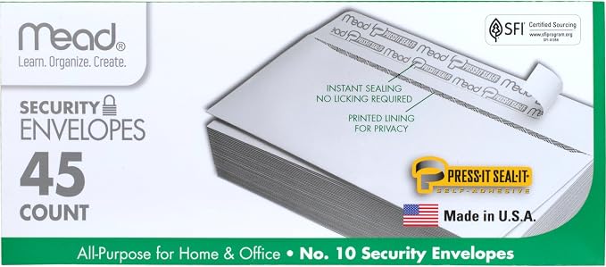 Mead #10 Security Business Envelopes Letter Size 4-1/8" x 9-1/2" – Peel and Seal by Mead
