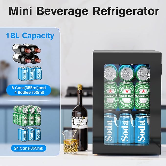 24 Cans Beverage Refrigerator Cooler, Mini Fridge Countertop Drink Cooler for Soda, Canned Beer, Adjustable Digital Temperature Control for Home Dorm Office, Black-DeskLoop Office